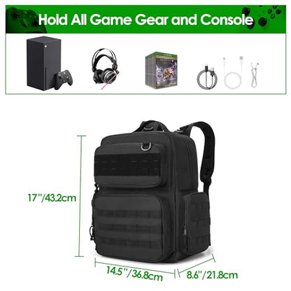 PGmoon Travel Tactical Backpack Compatible with Xbox Series X Console | Carrying Case Bag with Individual Room for Console, Plenty of Pockets for Controllers, Headphone and More(Patent Design)