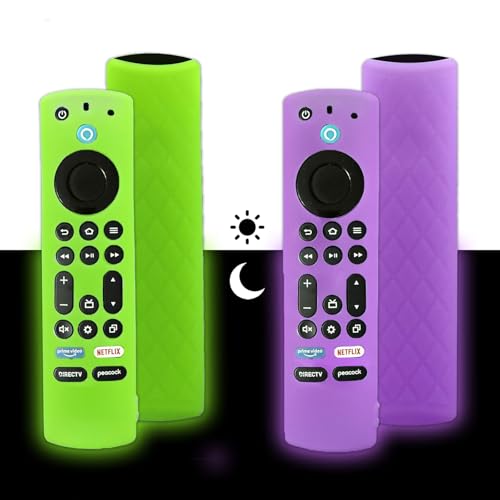 2Pcs Glowing Remote Cover for Insignia/Toshiba Smart TV | Silicone Protective Remote Control Case Cover, Anti Slip Shockproof Remote Control Cover with Lanyard, Green + Purple - color: Green + purple