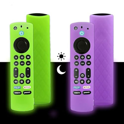 2Pcs Glowing Remote Cover for Insignia/Toshiba Smart TV | Silicone Protective Remote Control Case Cover, Anti Slip Shockproof Remote Control Cover with Lanyard, Green + Purple - color: Green + purple