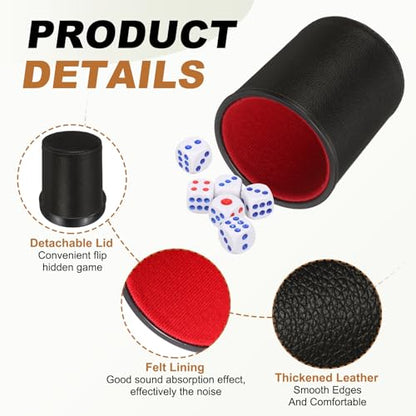 uxcell Felt Lined Professional Dice Cup, PU Leather Quiet Shaker Cups with Lid Includes 6 Dot Dice for Bar Gatherings Party Board Games, Black