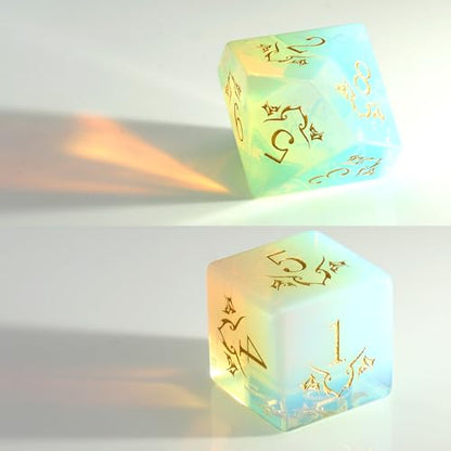 Haxtec Opal Gemstone DND Dice Set with Dice Case Precious Gemstone Dice Set for Dungeons and Dragons TTRPG Gifts for Dungeons Masters - color: White Gold