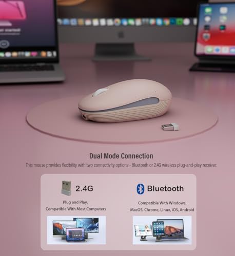 Wireless Mouse (Bluetooth+2.4G) Rechargeable Portable Silent Quiet Computer Mouse with 4000 DPI for Laptop/PC/Mac/MacBook/Chromebook/Surface Pro/iPad/Tablet Ambidextrous (Pink) - color: Pink