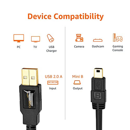 Amazon Basics USB-A to Mini USB 2.0 Cable, 480Mbps Transfer Speed, Gold-Plated Plugs, Compatible with External Hard Drives and Smartphones, 6 Foot, Black - size: 6 Feet