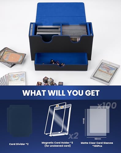 MRAUF MTG Deck Box with Double Commander Display and Dice Tray, Fits 200+ Double Sleeved Cards, Card Storage Box Plus 2 Magnetic Holders& 100Pcs Card Sleeves (Black& Blue) - color: Black& Blue