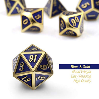 DnDnD Heavy Polyhedral Metal Dice Set with Metal Box, 7-die Shiny Blue Surface with Golden Number for RPG,Dungeons and Dragons,Pathfinder,Shadowrun,D&D,Role Palying Game and Math Teaching - color: Blue With Gold