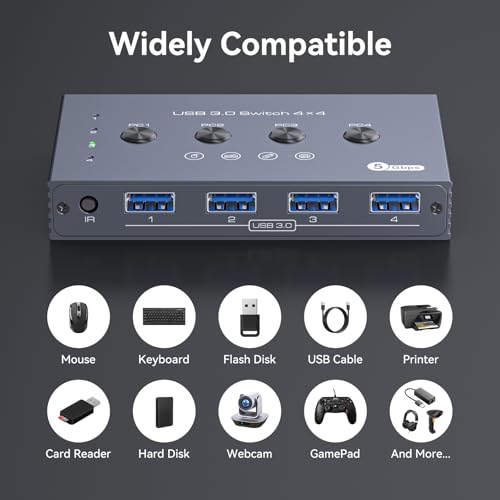 USB 3.0 Switch Selector 4 Computers Share 4 Port USB A Devices for Mouse Keyboard Printer Scanne with Wireless Remote Control and Cable Included - color: Light Grey