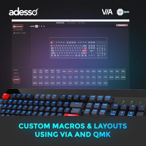 Adesso Easytouch 1300 Mechanical Keyboard, RGB Illuminated | Hot Swappable Red Switches, Wired Wireless Bluetooth, Gaming, Copilot AI Hotkey, Windows Mac