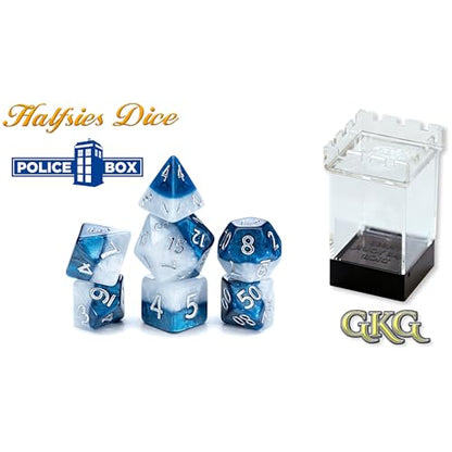 Gate Keeper Games and Dice: Halfsies Dice: Police Box - 7pc Set, Time Lord Blue & Doctor White, Pearlescent Swirl, 7 Resin Dice for Role Playing Games - style: Police Box