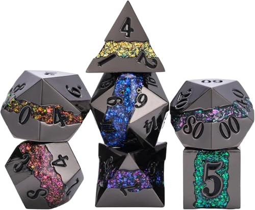 Galaxy Metal Dice Set, 7PCS Polyhedral DND Dice with Glitter Resin Inlay, Heavy Metal RPG Dice for Dungeons and Dragons Tabletop Games - color: Black Nickel Seven Colors