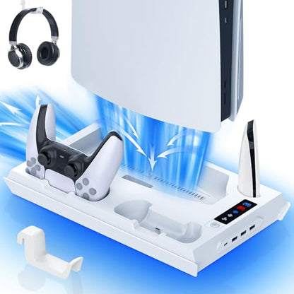 fivtek PS5 Stand with Cooling Fan & Controller Charger, All-in-One Docking Station for PS5 & PS5-Slim, 4-Port USB Hub, Headset Holder, Fast Wireless Charging for 2 Dual Controllers, White - color: White