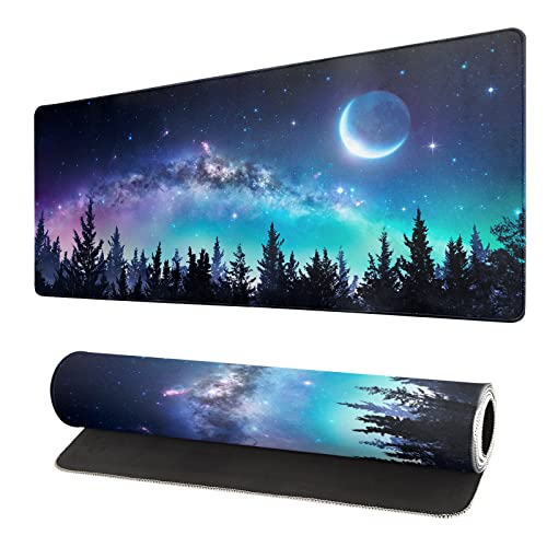 Extended Gaming Mouse Pad, XL Large Keyboard Mouse Mat Desk Pad, Stitched Edges Mousepad, 3mm Thick Long Non-Slip Rubber Base Mice Pad, 31.5 X 11.8 Inch, Forest Moon Galaxy - color: Forest Moon Sky
