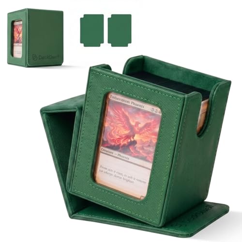Commander Deck Box MTG 100 Card Holder with Display Window Green | PU leather, 4 N52 magnets, fits 100 double-sleeved cards, display window, durable, portable, secure closure - color: Green, size: 110+