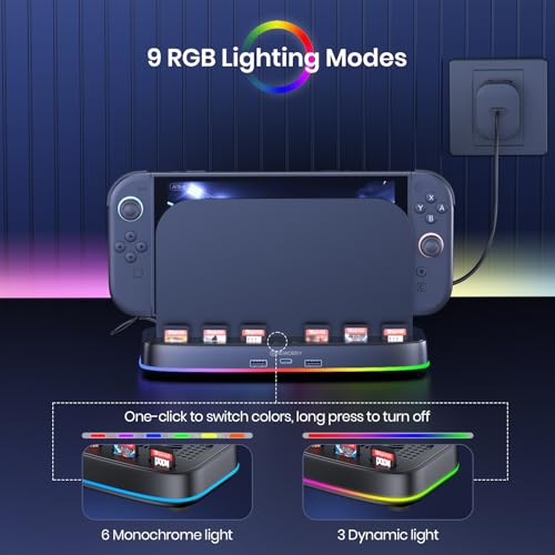 NEWDERY Cooling Fan for Nintendo Switch 2 Dock, Dual-Fan Cooling Stand | 3 Adjustable Speeds, RGB Light Modes, 6 Game Card Slots and 3 USB Ports for Cooling Control, Storage and Easy Expansion