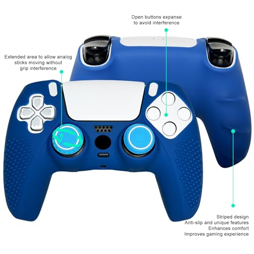 Anti-Slip Blue PS5 Controller Skin,Studded Edition Protective Silicone Cover Skin Grips Compatible with PS5/Slim/Pro Controller and 6 PCS Thumb Grips Caps. - color: Blue