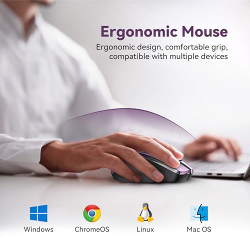 TechRise Bluetooth Mouse (BT5.0/3.0 & 2.4G) Rechargeable Wireless Mouse, 4800 DPI Optical Tracking, 6 Adjustable DPI, 2.4GHz with USB A Receiver, Quiet Clicks, Ergonomic Grips, 6 Buttons - Purple - color: Purple