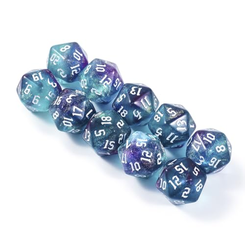 10PCS Polyhedral D20 Dice Set 20mm Acrylic Dice Double Colors 20 Sided Game Dice for RPG MTG DND Table Games (Green Purple) - color: Green Purple