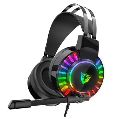 Wired Gaming Headset for PS4 PC Xbox One PS5 Controller, Noise Cancelling Over Ear Headphones with Mic, 7 Color LED Light, 7.1 Surround Sound, Soft Memory Earmuffs for Nintendo Xbox Series(Black)