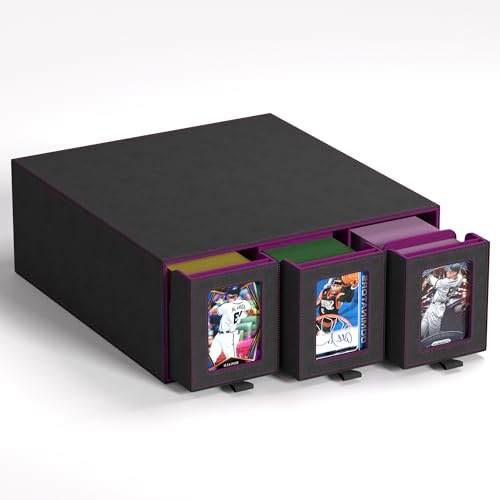 Trading Card Storage Box, 3-Row Slide-Pull Card Case with Stackable Design & 15 Dividers, Commander Display Card Organizer Holder for MTG, YuGiOh, TCG and Sports Cards, Holds 2500+ Cards (Purple) - color: Purple