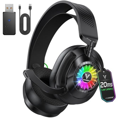 Vakedy Wireless Gaming Headset with Mic for PS5, PS4, PC, Switch, Mac, 2.4GHz & BT Gaming Headphones, 50H Battery, 24ms Low Latency for Fortnite & Call of Duty/FPS Gamers, RGB Lights, Black | 2.4GHz & BT Gaming Headphones, 50H Battery and Noise Canceling