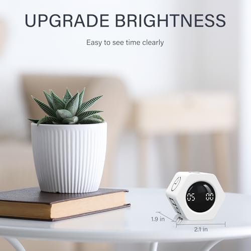 Rotating Pomodoro Timer 5, 25, 10 30,60 Mins Preset Stopwatch, Desk Flip ProductivityTimer, ADHD Tool Hexagon, Vibration/Mute/Alarm, for Work, Study, Back to School, Kitchen, White - color: White