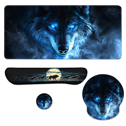 Blue Wolf Mouse Pad Set Glowing Eyes Fantasy Animal Smoke Art Gaming Mousepad 4in1 Desk Mat for Desktop Wrist Support Cup Coaster Set Ergonomic Computer Desk Arm Wrist for Decor Home Office - color: Blue Wolf, size: 35.4L x 15.7W inches