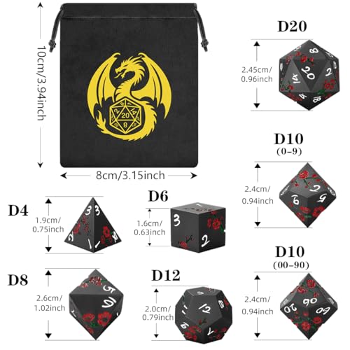 Metal Dice Set, Flat Face Red Plum Blossom Pattern, 7pcs Polyhedral Metal DND Dice Set, DND Starter Set, D&D Gifts with Gift Bag, Role Playing Board Games Accessories, Black - color: Black With Gift Bag
