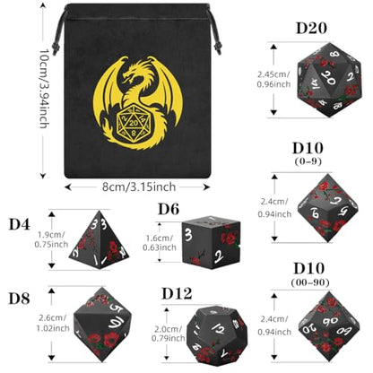 Metal Dice Set, Flat Face Red Plum Blossom Pattern, 7pcs Polyhedral Metal DND Dice Set, DND Starter Set, D&D Gifts with Gift Bag, Role Playing Board Games Accessories, Black - color: Black With Gift Bag