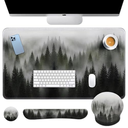 Arttown Keyboard Mouse Pad Set, 4 in 1 Desk Mat Set Forest Misty | Foggy Tree Large Mousepad+Keyboard Wrist Rest+Mouse Wrist Rest+Coaster Ergonomic Design for Home Office Computer - color: Forest in Fog
