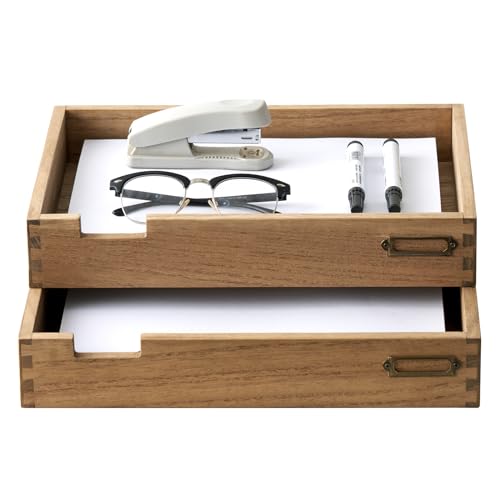 KIRIGEN Wood Paper Tray Set of 2, Stackable Inbox Trays for Desk, Brown | Metal Label Holders and Letter-Size Capacity Organize Mail, Files, Folders, Classroom Papers, and Office Documents - color: Dark Brown
