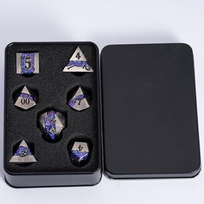 Premium Metal Dice Set for DND, 7PCS Polyhedral RPG Dice with Galaxy Glitter Inlay, Unique Metal Dice for Dungeons and Dragons Players - color: Antique Nickel Violet