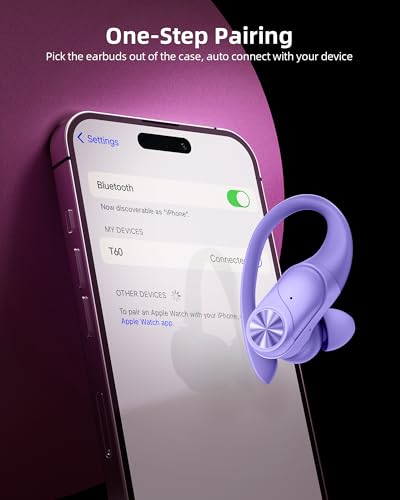 PocBuds Bluetooth Headphones Wireless Earbuds 80hrs Playtime Wireless Charging Case Digital Display Sports Ear buds with Earhook Deep Bass IPX7 Waterproof Over-Ear Earphones for TV Phone Laptop Purple - color: Purple, style: Standard