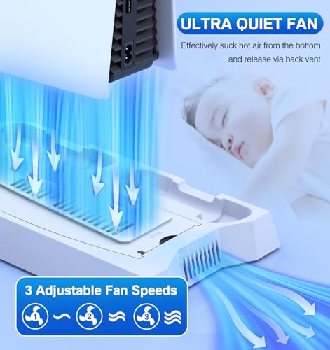 PS5/Slim/Pro Cooling Station for PlayStation 5 Console Disc/Digital Edition - PS5 Slim Pro Cooling Stand with Controller Charging Station Accessories-Cooler Fan/Headset Holder/3 USB Hub, White - color: 1-White