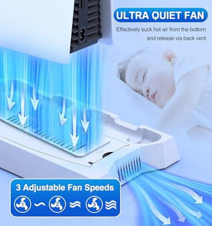 PS5/Slim/Pro Cooling Station for PlayStation 5 Console Disc/Digital Edition - PS5 Slim Pro Cooling Stand with Controller Charging Station Accessories-Cooler Fan/Headset Holder/3 USB Hub, White - color: 1-White