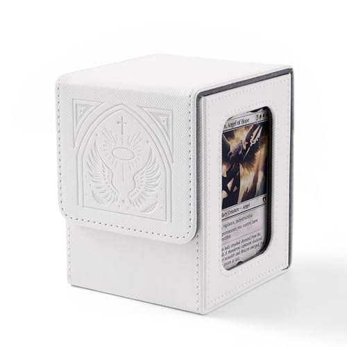 Angel Themed MTG Deck Box with Commander Display (White and Grey) | Holds 120 Single/100 Double-Sleeved Cards, Fit MTG/PTCG/OPTCG Cards, Strong Magnet, PU Leather, With 2 Dividers & 1 Toploader - color: Angel