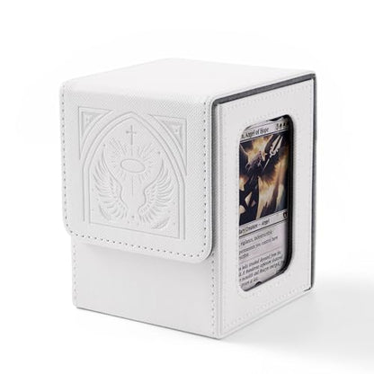 Angel Themed MTG Deck Box with Commander Display (White and Grey) | Holds 120 Single/100 Double-Sleeved Cards, Fit MTG/PTCG/OPTCG Cards, Strong Magnet, PU Leather, With 2 Dividers & 1 Toploader - color: Angel