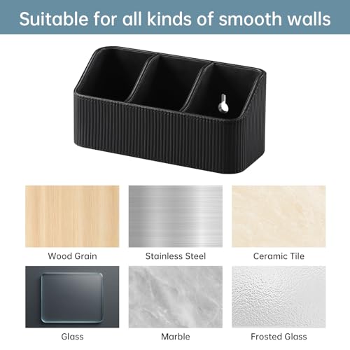 No Drill PU Leather Wall Remote Holder, 3 Compartments Storage Caddy for TV AC Remotes, Pens, Eyeglasses, Home Bedroom Bathroom Office (Stylish Black Fine Ribbed) - color: Stylish Black Fine Ribbed