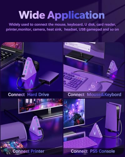 4-Port USB 3.0 Hub, FlyingVHUB USB Hub Tower with 2 ft Extended Cable,USB Splitter for Laptop,PC,PS4,PS5,Xbox,Mouse,Keyboard, Flash Drive,U-Disk (Dark Purple) - color: Purple-A