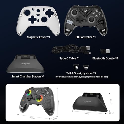 C8 PC Controller - Wireless Bluetooth Gamepad - Hall Effect Joystick RGB Backlit - 1000Hz Polling Rate -Dual Vibrate Macro Buttons for PC, Switch, Switch 2, Steam Deck, Android, iOS, MAC &Tesla Charging Dock - color: Black Transparent