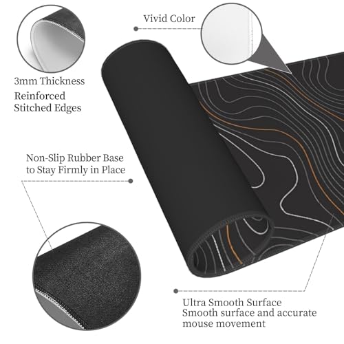 Topographic Map Gaming Mouse Pad, Large Extended Desk Mat (31.5 x 11.8 in), Non-Slip Rubber Base Stitched Edges Mousepad for Work Office Gaming - color: 5
