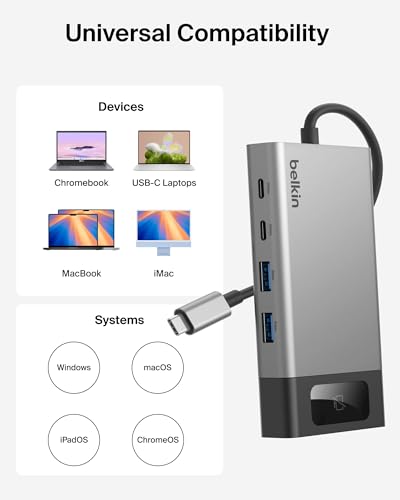 Belkin USB-C Hub 8 in 1 100W Dual Display for Windows | 4K@60Hz resolution, ethernet port, mirrored display support for macOS, compatible with Chromebook, travel-friendly - style: 8-in-1 Hub