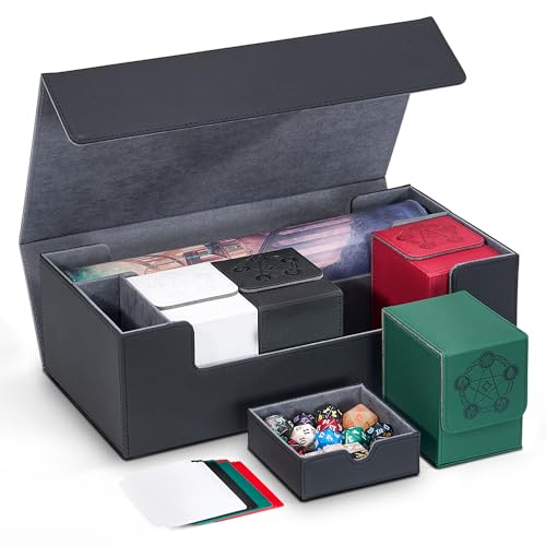 MTG Card Box Set with 4 Deck Boxes and 8 Dividers | Trading card organizer includes a dice box and fits a playmat, compatible with Magic, TCG and CCG cards, Black & Grey - color: 5. Card Box Set Black & Grey, size: 4 Deck Card Box