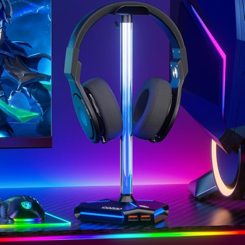 cozoo Desk headset stand Touch RGB Light Stand 4 Color Modes 2 USB Black | Headphone Stand for Desk with 4 Fixed Colors & RGB Cycle Lighting,Built-in 2 USB2.0 Charging Ports, for Most Gaming Headsets - color: Black