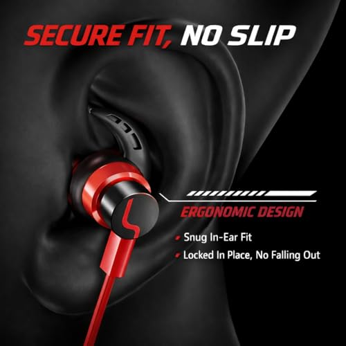 Wired Gaming Earbuds with Mic, Noise Cancelling USB C in-Ear Headphones for iPhone, Android, Xbox One, PS4, Switch, Extra Bass Shark Fin Design, Extra Bass for Sport Sleep Workout (Red)
