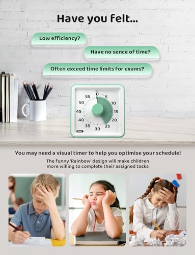 LIORQUE Visual Timer for Kids, 60 Minute Countdown Timer, Green | Non-Ticking, 3 Volume Levels, Timer for Classroom Kitchen Office ADHD, 2 AAA Batteries Included - color: Green