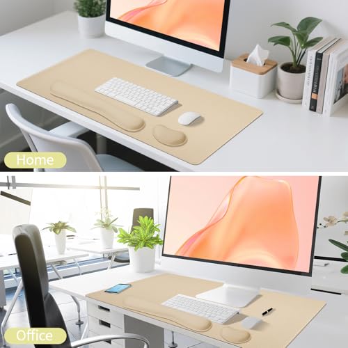 베이지 가죽 책상 패드 및 키보드 손목 받침대, 70.1cm x 35.1cm | 3in1 마우스 패드 + 키보드 손목 받침대 + 마우스 손목 받침대, 미끄럼 방지 방수 책상 필기 패드 사무실 및 가정용 - color: 베이지 손목 받침대, size: 27.6" × 13.8"