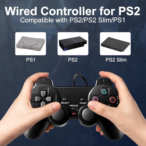 HaeBorl PS2 Controller,2 Pack Wired Controller for PS2/PS2 Slim/PS1 | PS2 Replacement Wired Controller with Dual Vibration, High Stable Signal, Black - color: Black