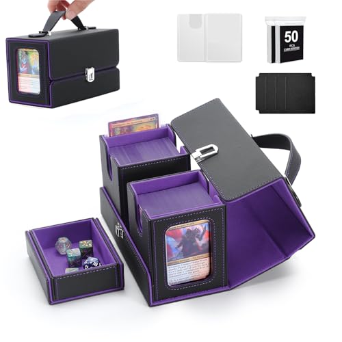 MTG Deck Box, Commander Deck Case Fits 200+ Double-Sleeved Cards, 3-in-1 Magnetic Card Storage Box,Removable Deck Case for TCG/Sports Cards with Handle＆Dice Tray（Black Purple） - color: Black/Violet, size: 3 IN 1 + Handle