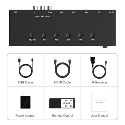5 in to 1 Out RCA/HDMI Switcher，4 Way HDMI 2.0 + 1 RCA to HDMI Converter，4:3/16:9 Switcher Support 4K and 3D for PS1/2/3/4/5, SNES, Switch, DVD, Roku, Fire Stick，etc. - color: 5in to 1 Out RCA/HDMI Converter