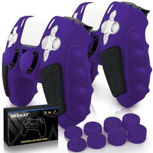 SIKEMAY Anti-Slip PS5 Controller Skin, Soft Thicken Non-Slip Silicone Gel Protective Cover Case for PlayStation 5, 2 Pack with 8 x Thumb Grip Caps - color: Purple-Black