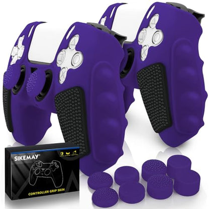 SIKEMAY Anti-Slip PS5 Controller Skin, Soft Thicken Non-Slip Silicone Gel Protective Cover Case for PlayStation 5, 2 Pack with 8 x Thumb Grip Caps - color: Purple-Black